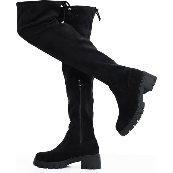 Women's Platform Boots-990-black Over The Knee Thigh High Round Toe Long Boot - Picture 1 of 7